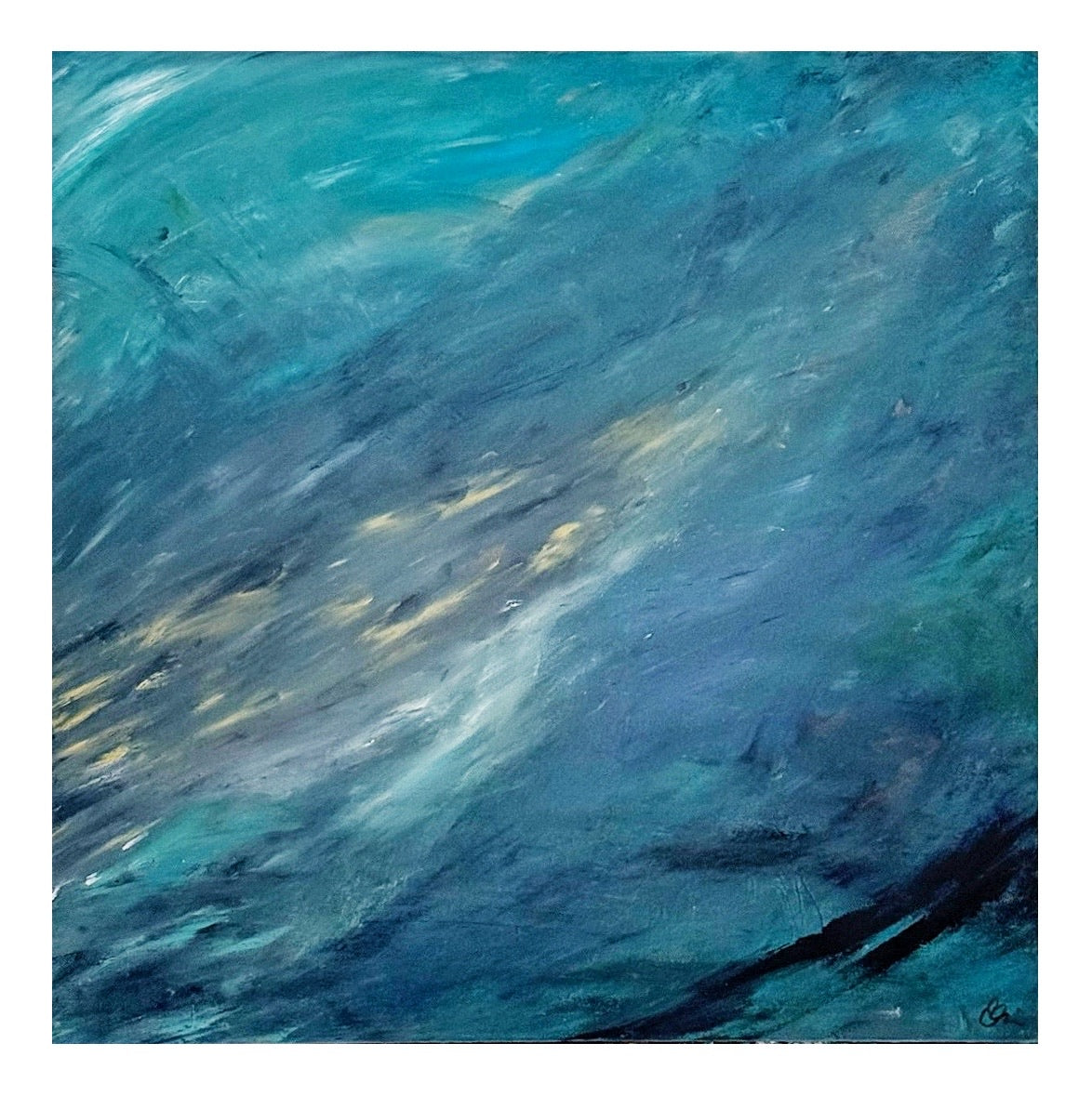 Whale, original acrylic painting by Ella Jangl of a whale gliding beneath shimmering water